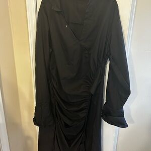 Black Ruched Long Sleeve Wrap-Style Dress